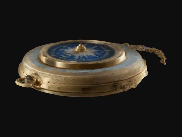 3D model for The Celestine Compass a palm-sized, ornate brass device with intricate engravings of constellations and swirling patterns. Its lid, inlaid with a shimmering opal, opens with a satisfying click, revealing a delicate needle suspended in liquid starlight. The glass cover is slightly convex, magnifying faint arcane symbols etched along the rim. Tiny gears hum softly beneath, shifting the celestial markings. A silver chain, adorned with minuscule charms shaped like crescent moons, dangles
