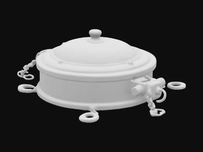 3D model for The Celestine Compass a palm-sized, ornate brass device with intricate engravings of constellations and swirling patterns. Its lid, inlaid with a shimmering opal, opens with a satisfying click, revealing a delicate needle suspended in liquid starlight. The glass cover is slightly convex, magnifying faint arcane symbols etched along the rim. Tiny gears hum softly beneath, shifting the celestial markings. A silver chain, adorned with minuscule charms shaped like crescent moons, dangles
