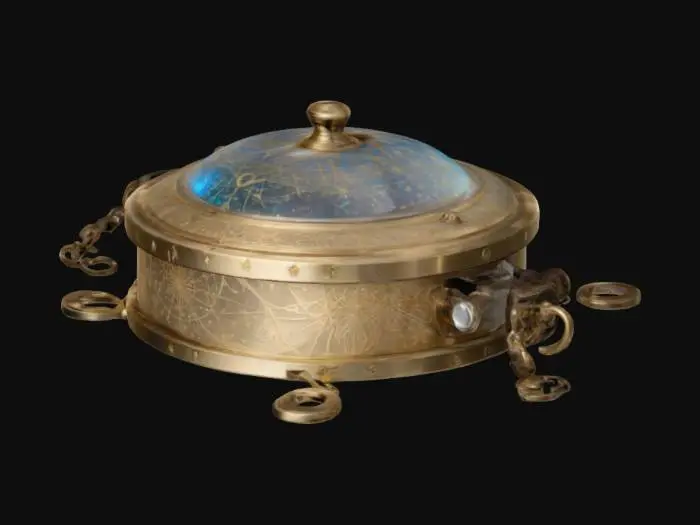 3D model for The Celestine Compass a palm-sized, ornate brass device with intricate engravings of constellations and swirling patterns. Its lid, inlaid with a shimmering opal, opens with a satisfying click, revealing a delicate needle suspended in liquid starlight. The glass cover is slightly convex, magnifying faint arcane symbols etched along the rim. Tiny gears hum softly beneath, shifting the celestial markings. A silver chain, adorned with minuscule charms shaped like crescent moons, dangles
