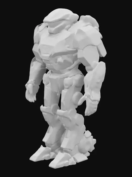 3D model for A heavily armored mech suit, standing 9 feet tall, built with dark gunmetal plating reinforced with titanium exoskeleton joints. Its broad shoulders feature glowing blue energy cores, pulsing with power. The helmet is sleek and angular, with a visor emitting a crimson glow. Its arms are bulky, ending in five-fingered mechanical hands with retractable claws. The legs are reinforced with hydraulic servos, designed for enhanced speed and strength. A jetpack unit is mounted on the back
