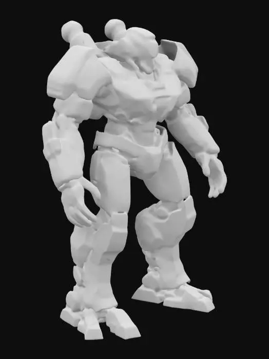 3D model for A heavily armored mech suit, standing 9 feet tall, built with dark gunmetal plating reinforced with titanium exoskeleton joints. Its broad shoulders feature glowing blue energy cores, pulsing with power. The helmet is sleek and angular, with a visor emitting a crimson glow. Its arms are bulky, ending in five-fingered mechanical hands with retractable claws. The legs are reinforced with hydraulic servos, designed for enhanced speed and strength. A jetpack unit is mounted on the back
