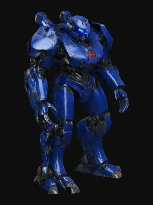 3D model for A heavily armored mech suit, standing 9 feet tall, built with dark gunmetal plating reinforced with titanium exoskeleton joints. Its broad shoulders feature glowing blue energy cores, pulsing with power. The helmet is sleek and angular, with a visor emitting a crimson glow. Its arms are bulky, ending in five-fingered mechanical hands with retractable claws. The legs are reinforced with hydraulic servos, designed for enhanced speed and strength. A jetpack unit is mounted on the back
