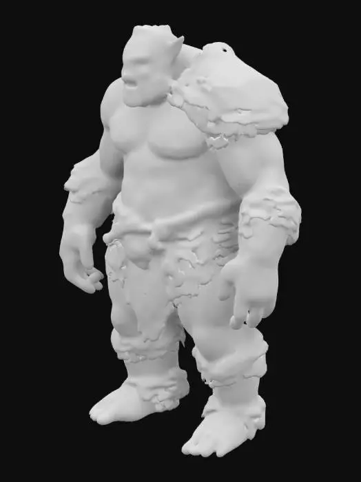 3D model for An ogre is a towering, muscular humanoid with thick, warty skin in shades of green, brown, or gray. They have broad shoulders, long, sinewy arms, and massive hands with thick fingers. Their heads are large with heavy brows, small glowing eyes, flared noses, and jagged, yellowed teeth, often with protruding tusks. Pointed ears, greasy hair, and scars add to their brutish look. They move with a heavy, lumbering gait and wear tattered hides or crude armor, exuding a stench of sweat and blood.