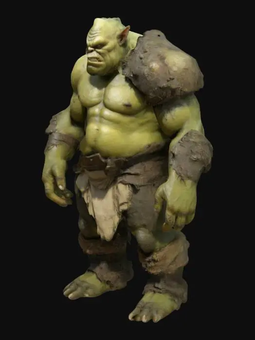 3D model for An ogre is a towering, muscular humanoid with thick, warty skin in shades of green, brown, or gray. They have broad shoulders, long, sinewy arms, and massive hands with thick fingers. Their heads are large with heavy brows, small glowing eyes, flared noses, and jagged, yellowed teeth, often with protruding tusks. Pointed ears, greasy hair, and scars add to their brutish look. They move with a heavy, lumbering gait and wear tattered hides or crude armor, exuding a stench of sweat and blood.