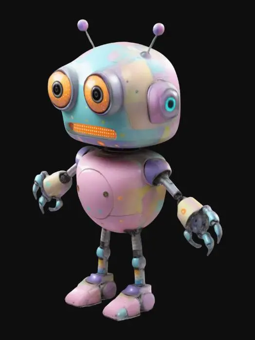 3D model for A whimsical robot has a quirky, playful design with a rounded, metallic body in bright, pastel, or patchwork colors. Its head may be oversized with expressive, glowing eyes that shift shapes or colors. It has spindly arms with clawed or mitten-like hands, sometimes with extendable fingers. Its legs may be springy, wheeled, stubby with piston-like movement. Gears, antennas, or propellers may protrude, and its voice could be chirpy. It moves with a cheerful bounce, emitting soft whirs and beeps

