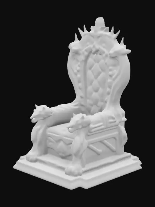 3D model for The throne is massive, carved from polished obsidian stone veined with silver, standing upon a raised marble dais. Its high back arches majestically upward, etched with intricate runes softly glowing sapphire-blue. Armrests carved into fierce dragon heads curl menacingly forward, eyes set with gleaming emeralds. Plush, deep-purple velvet cushions line the seat, worn slightly from use. At the throne's crown, golden spikes radiate outward, signifying authority and power.