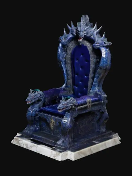 3D model for The throne is massive, carved from polished obsidian stone veined with silver, standing upon a raised marble dais. Its high back arches majestically upward, etched with intricate runes softly glowing sapphire-blue. Armrests carved into fierce dragon heads curl menacingly forward, eyes set with gleaming emeralds. Plush, deep-purple velvet cushions line the seat, worn slightly from use. At the throne's crown, golden spikes radiate outward, signifying authority and power.