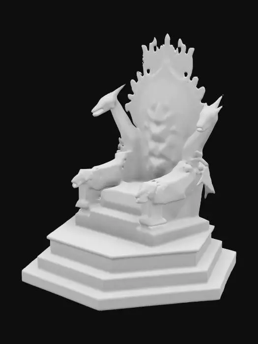 3D model for The throne is massive, carved from polished obsidian stone veined with silver, standing upon a raised marble dais. Its high back arches majestically upward, etched with intricate runes softly glowing sapphire-blue. Armrests carved into fierce dragon heads curl menacingly forward, eyes set with gleaming emeralds. Plush, deep-purple velvet cushions line the seat, worn slightly from use. At the throne's crown, golden spikes radiate outward, signifying authority and power.