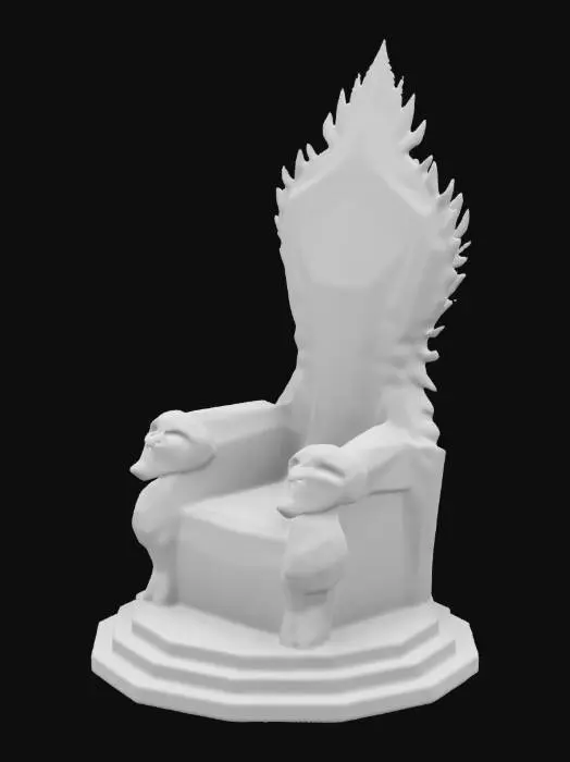 3D model for The throne is massive, carved from polished obsidian stone veined with silver, standing upon a raised marble dais. Its high back arches majestically upward, etched with intricate runes softly glowing sapphire-blue. Armrests carved into fierce dragon heads curl menacingly forward, eyes set with gleaming emeralds. Plush, deep-purple velvet cushions line the seat, worn slightly from use. At the throne's crown, golden spikes radiate outward, signifying authority and power.