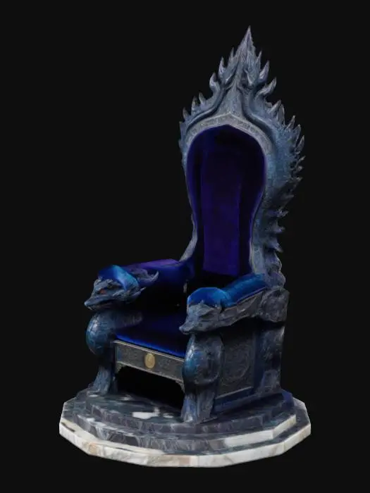 3D model for The throne is massive, carved from polished obsidian stone veined with silver, standing upon a raised marble dais. Its high back arches majestically upward, etched with intricate runes softly glowing sapphire-blue. Armrests carved into fierce dragon heads curl menacingly forward, eyes set with gleaming emeralds. Plush, deep-purple velvet cushions line the seat, worn slightly from use. At the throne's crown, golden spikes radiate outward, signifying authority and power.