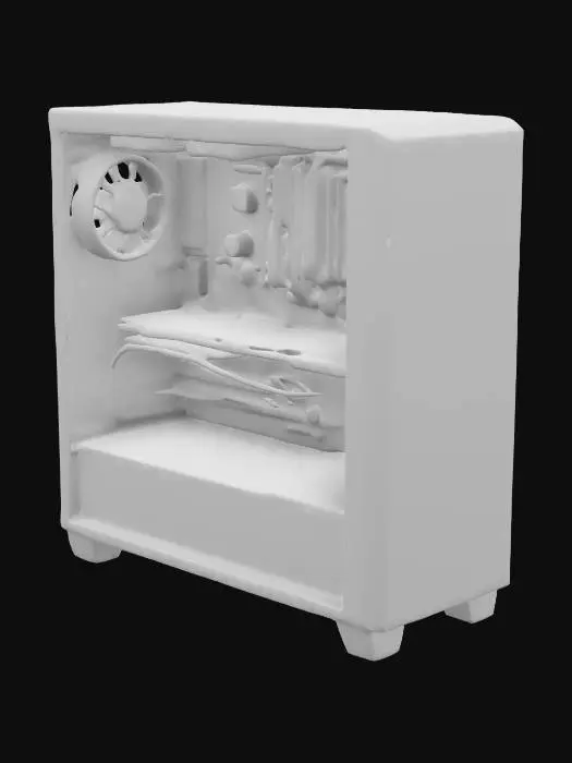 3D model for A sleek, high-end computer encased in a minimalist, matte-black aluminum tower with tempered glass side panels revealing neatly arranged RGB-lit internal components. Prominent are liquid-cooled tubes and fans illuminated by customizable LED lights. Internally, it showcases a powerful GPU with triple cooling fans, vertically mounted to display branding, RGB-lit RAM modules, and neatly managed cables connected to a premium motherboard, all visible through clear tempered glass panels.