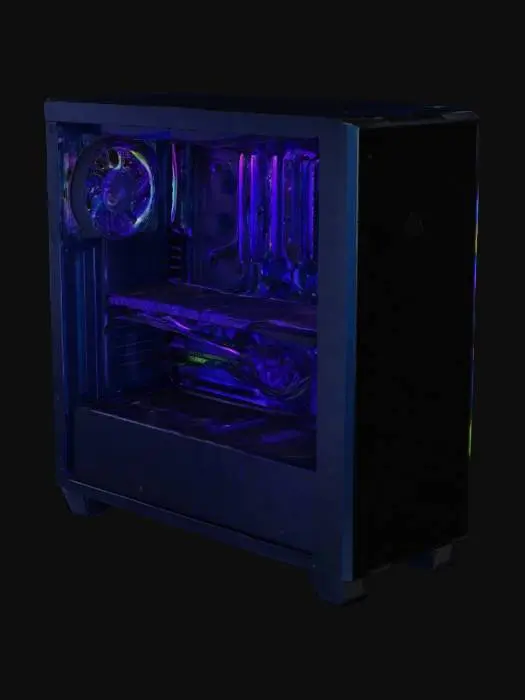 3D model for A sleek, high-end computer encased in a minimalist, matte-black aluminum tower with tempered glass side panels revealing neatly arranged RGB-lit internal components. Prominent are liquid-cooled tubes and fans illuminated by customizable LED lights. Internally, it showcases a powerful GPU with triple cooling fans, vertically mounted to display branding, RGB-lit RAM modules, and neatly managed cables connected to a premium motherboard, all visible through clear tempered glass panels.