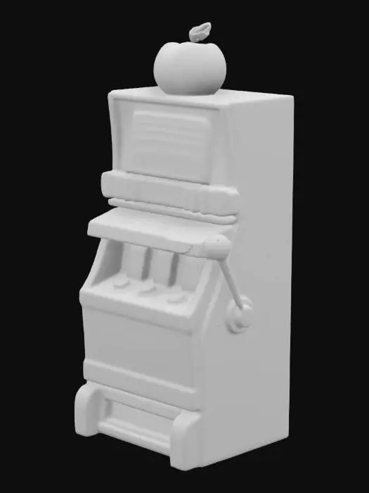 3D model for A slot machine is a tall, rectangular gaming cabinet featuring vibrant colors and illuminated panels. Its glossy frame is metallic or plastic, adorned with flashy graphics, neon accents, and stylized symbols like cherries, sevens, and diamonds. At the front is a bright digital or mechanical screen displaying rotating reels and symbols. Below, an ergonomic control panel holds buttons for betting, spinning, and a lever at the side. A coin slot, payout tray, and digital payout display


