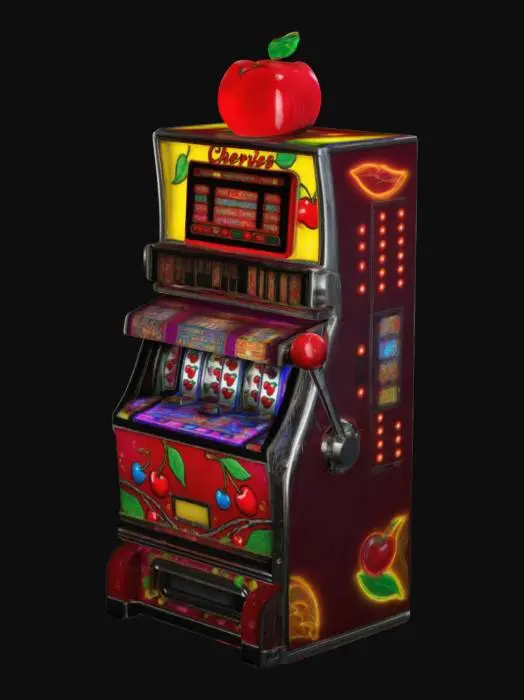 3D model for A slot machine is a tall, rectangular gaming cabinet featuring vibrant colors and illuminated panels. Its glossy frame is metallic or plastic, adorned with flashy graphics, neon accents, and stylized symbols like cherries, sevens, and diamonds. At the front is a bright digital or mechanical screen displaying rotating reels and symbols. Below, an ergonomic control panel holds buttons for betting, spinning, and a lever at the side. A coin slot, payout tray, and digital payout display


