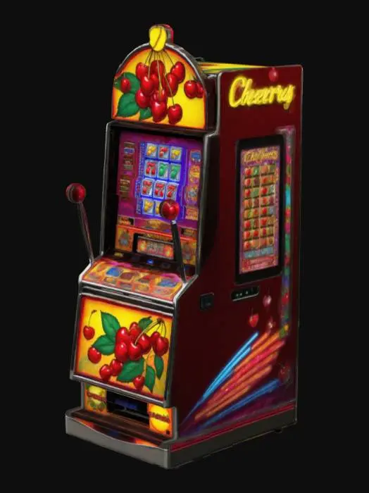 3D model for A slot machine is a tall, rectangular gaming cabinet featuring vibrant colors and illuminated panels. Its glossy frame is metallic or plastic, adorned with flashy graphics, neon accents, and stylized symbols like cherries, sevens, and diamonds. At the front is a bright digital or mechanical screen displaying rotating reels and symbols. Below, an ergonomic control panel holds buttons for betting, spinning, and a lever at the side. A coin slot, payout tray, and digital payout display


