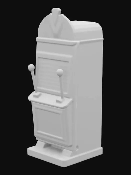 3D model for A slot machine is a tall, rectangular gaming cabinet featuring vibrant colors and illuminated panels. Its glossy frame is metallic or plastic, adorned with flashy graphics, neon accents, and stylized symbols like cherries, sevens, and diamonds. At the front is a bright digital or mechanical screen displaying rotating reels and symbols. Below, an ergonomic control panel holds buttons for betting, spinning, and a lever at the side. A coin slot, payout tray, and digital payout display


