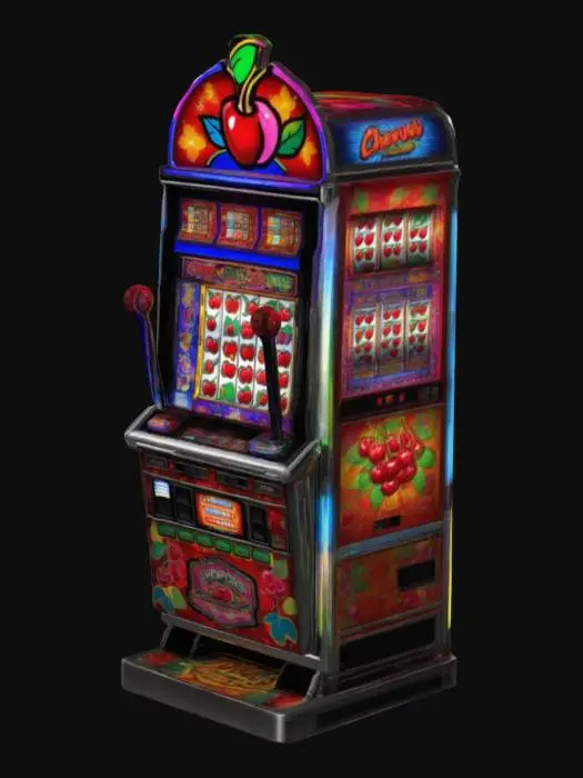 3D model for A slot machine is a tall, rectangular gaming cabinet featuring vibrant colors and illuminated panels. Its glossy frame is metallic or plastic, adorned with flashy graphics, neon accents, and stylized symbols like cherries, sevens, and diamonds. At the front is a bright digital or mechanical screen displaying rotating reels and symbols. Below, an ergonomic control panel holds buttons for betting, spinning, and a lever at the side. A coin slot, payout tray, and digital payout display


