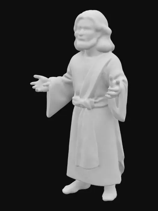 3D model for Jesus stands with a calm, compassionate presence. His build is lean yet sturdy, with olive-toned skin tanned by sun exposure. Dark-brown, shoulder-length hair parts centrally, framing a gentle face with expressive, deep-set eyes full of kindness. His beard is thick but neatly groomed, enhancing his serene expression. Wearing simple robes of undyed fabric, loose-fitting and modest, he radiates humility. His hands are strong, calloused from carpentry, yet open gently in a welcoming gesture