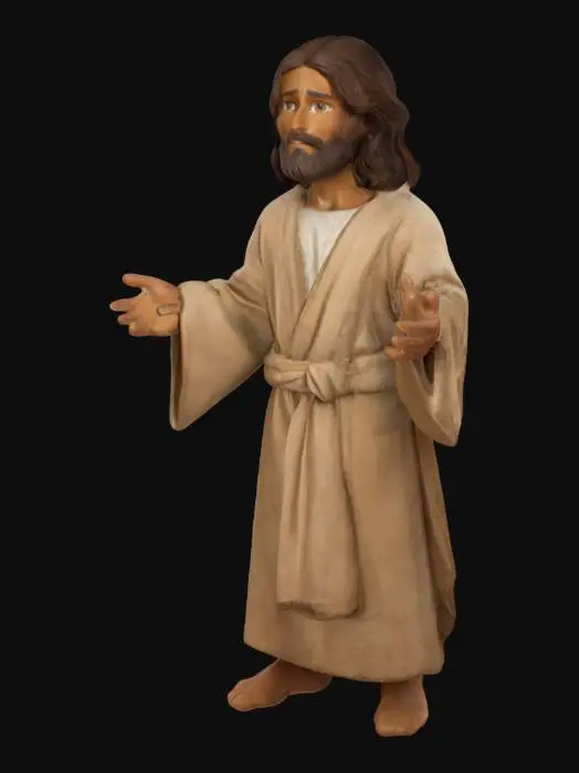 3D model for Jesus stands with a calm, compassionate presence. His build is lean yet sturdy, with olive-toned skin tanned by sun exposure. Dark-brown, shoulder-length hair parts centrally, framing a gentle face with expressive, deep-set eyes full of kindness. His beard is thick but neatly groomed, enhancing his serene expression. Wearing simple robes of undyed fabric, loose-fitting and modest, he radiates humility. His hands are strong, calloused from carpentry, yet open gently in a welcoming gesture