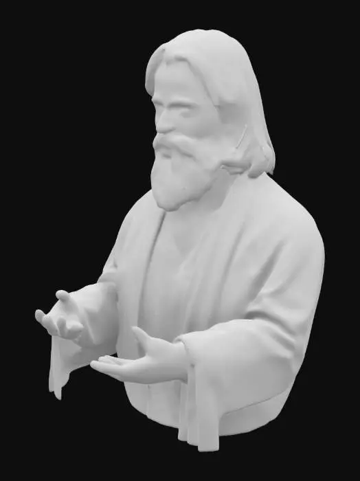 3D model for Jesus stands with a calm, compassionate presence. His build is lean yet sturdy, with olive-toned skin tanned by sun exposure. Dark-brown, shoulder-length hair parts centrally, framing a gentle face with expressive, deep-set eyes full of kindness. His beard is thick but neatly groomed, enhancing his serene expression. Wearing simple robes of undyed fabric, loose-fitting and modest, he radiates humility. His hands are strong, calloused from carpentry, yet open gently in a welcoming gesture
