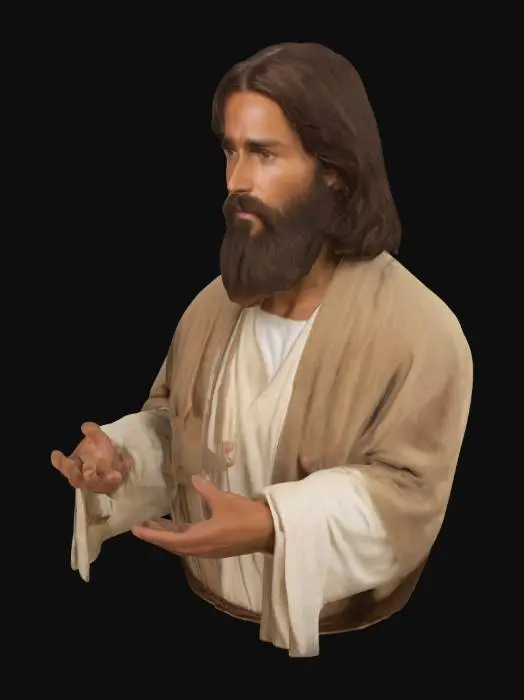 3D model for Jesus stands with a calm, compassionate presence. His build is lean yet sturdy, with olive-toned skin tanned by sun exposure. Dark-brown, shoulder-length hair parts centrally, framing a gentle face with expressive, deep-set eyes full of kindness. His beard is thick but neatly groomed, enhancing his serene expression. Wearing simple robes of undyed fabric, loose-fitting and modest, he radiates humility. His hands are strong, calloused from carpentry, yet open gently in a welcoming gesture