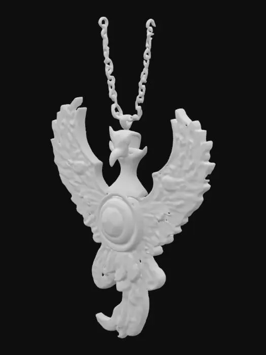 3D model for  a breathtaking pendant forged from molten gold, shaped into the swirling form of a rising phoenix. At its center rests a fiery gemstone, pulsing with an inner glow that shifts from deep crimson to radiant orange, as if embers dance within. Delicate feather-like engravings extend outward, catching the light with an almost living shimmer. The chain, woven from fine golden links, feels warm against the skin, and faint warmth radiates from the pendant, as if holding a sliver of eternal flame.