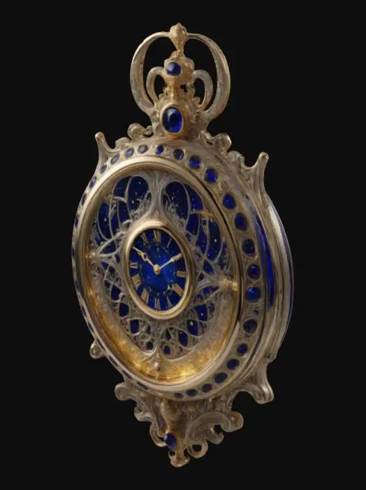 3D model for an ornate timepiece crafted from shimmering silver and deep sapphire glass. Within, golden stardust flows in slow, mesmerizing spirals, defying gravity as it drifts between chambers. Delicate constellations are etched along its frame, glowing faintly in darkness. The base is adorned with intricate celestial engravings, shifting subtly as time passes. When turned, the soft chime of distant bells echoes faintly, as if marking the passage of time not just in this world, but beyond the stars.