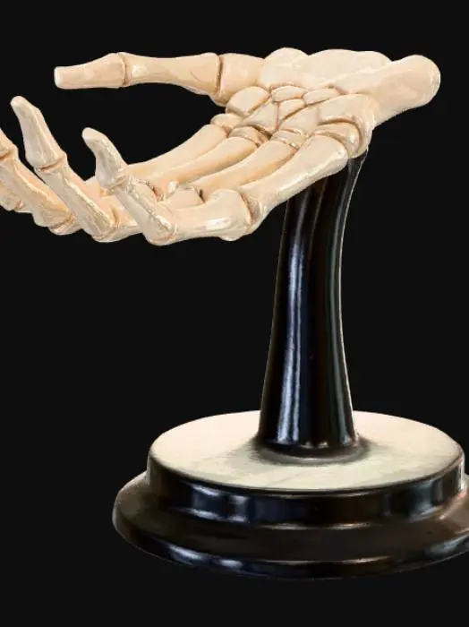 3D model for A meticulously articulated human skeleton hand, posed palm upward as if cradling something. It features an aged, ivory-white bone appearance with subtle porous textures and fine hairline cracks. The hand rests on a sleek, dark polished obsidian stand, providing a stark, elegant contrast. The delicate phalanges and metacarpals reveal precise anatomical structure and a hard, dry tactile quality.