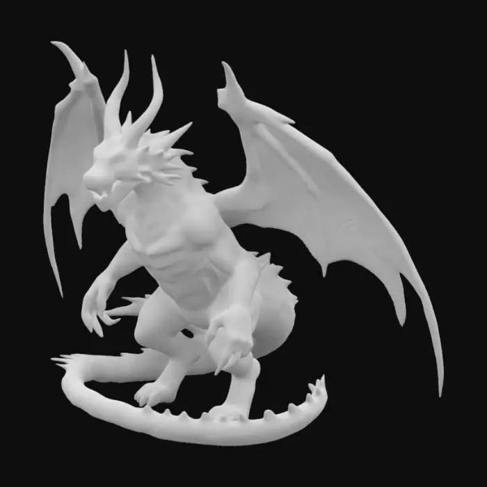 3D model for A dragon with obsidian-black scales that shimmer like molten rock, its muscular, serpentine body moves with terrifying grace. A row of jagged, bone-like spines runs from its crown down its long, whip-like tail, crackling with raw energy. Its wings are vast and tattered, resembling storm-forged shadows, while its piercing, molten-gold eyes burn with ancient wisdom. Curved onyx horns sweep back from its skull, and its clawed limbs end in razor-sharp talons, built for both flight and devastation.
