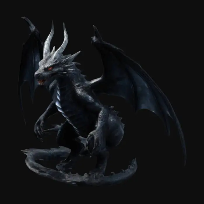 3D model for A dragon with obsidian-black scales that shimmer like molten rock, its muscular, serpentine body moves with terrifying grace. A row of jagged, bone-like spines runs from its crown down its long, whip-like tail, crackling with raw energy. Its wings are vast and tattered, resembling storm-forged shadows, while its piercing, molten-gold eyes burn with ancient wisdom. Curved onyx horns sweep back from its skull, and its clawed limbs end in razor-sharp talons, built for both flight and devastation.
