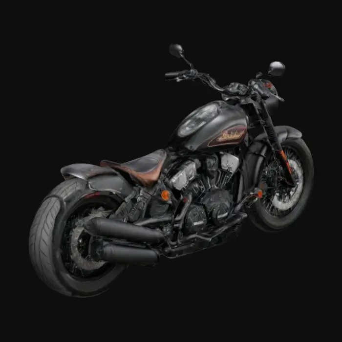 3D model for The Indian Scout Bobber is a powerful, muscular cruiser featuring a low-slung, aggressive stance. Its compact frame is accentuated by minimalist fenders, wide tires, and a sleek matte-black finish. A rounded headlight sits between broad handlebars, while a distinctive exposed V-twin engine dominates the center. The seat is low-profile and solo-styled, complementing its rugged aesthetic. Its exhaust pipes are short, angular, and chromed, producing a deep, resonant growl.