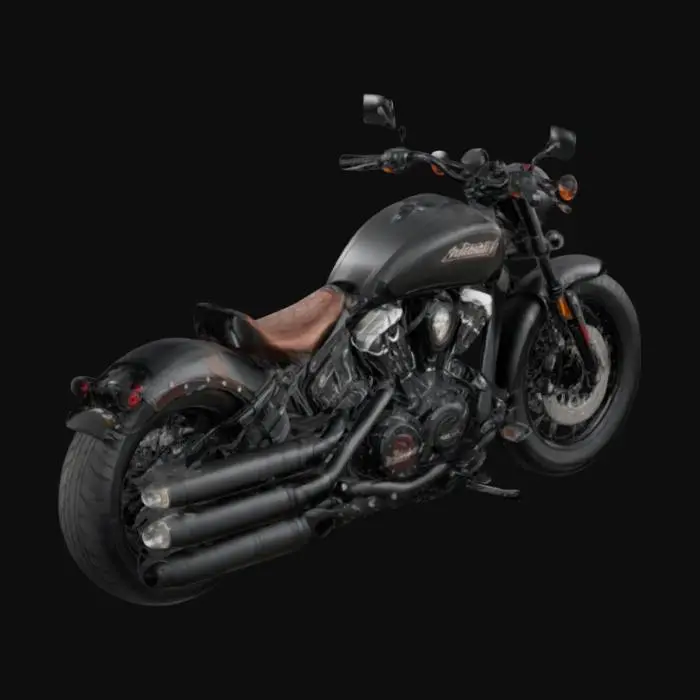 3D model for The Indian Scout Bobber is a powerful, muscular cruiser featuring a low-slung, aggressive stance. Its compact frame is accentuated by minimalist fenders, wide tires, and a sleek matte-black finish. A rounded headlight sits between broad handlebars, while a distinctive exposed V-twin engine dominates the center. The seat is low-profile and solo-styled, complementing its rugged aesthetic. Its exhaust pipes are short, angular, and chromed, producing a deep, resonant growl.