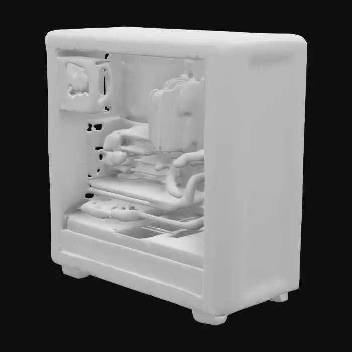 3D model for A sleek, high-end computer encased in a minimalist, matte-black aluminum tower with tempered glass side panels revealing neatly arranged RGB-lit internal components. Prominent are liquid-cooled tubes and fans illuminated by customizable LED lights. Internally, it showcases a powerful GPU with triple cooling fans, vertically mounted to display branding, RGB-lit RAM modules, and neatly managed cables connected to a premium motherboard, all visible through clear tempered glass panels.