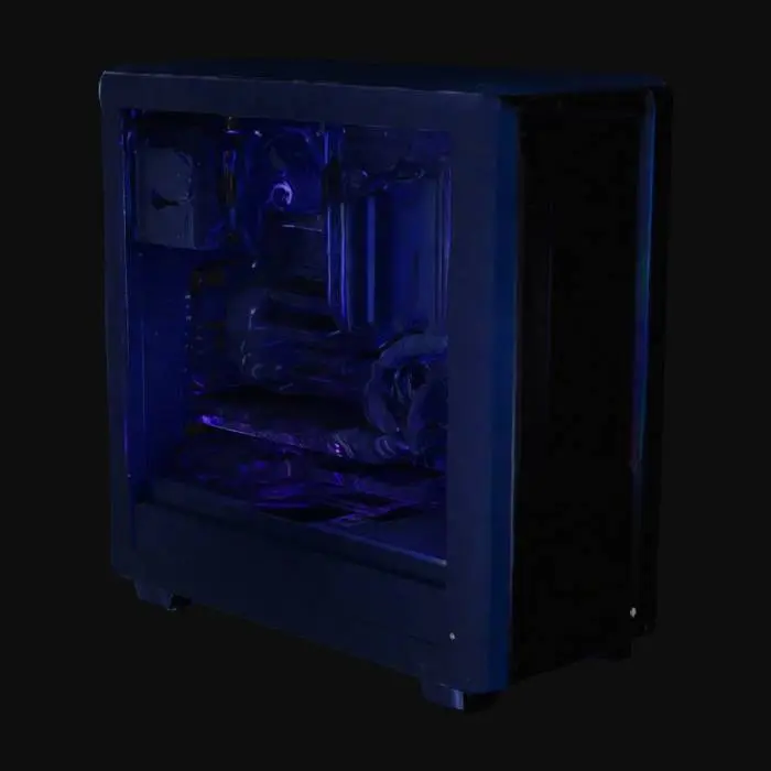 3D model for A sleek, high-end computer encased in a minimalist, matte-black aluminum tower with tempered glass side panels revealing neatly arranged RGB-lit internal components. Prominent are liquid-cooled tubes and fans illuminated by customizable LED lights. Internally, it showcases a powerful GPU with triple cooling fans, vertically mounted to display branding, RGB-lit RAM modules, and neatly managed cables connected to a premium motherboard, all visible through clear tempered glass panels.