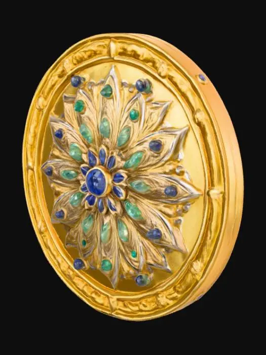3D model for A majestic, circular shield with a highly polished, gleaming golden surface. Its central boss features an intricately carved lotus, surrounded by swirling filigree patterns etched into the metal. Embedded around the rim are vibrant, cabochon-cut sapphires and emeralds, sparkling against the gold. The shield's surface appears smooth and cool to the touch, with a subtle raised texture from the detailed engravings, suggesting a weighty yet divinely crafted artifact.