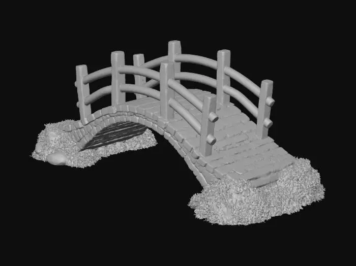 3D model for A small arched bridge made from cobblestone, with wooden handrails on both sides and covered in patches of moss , #realistic#
