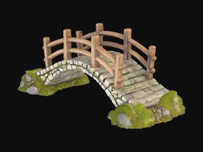 3D model for A small arched bridge made from cobblestone, with wooden handrails on both sides and covered in patches of moss , #realistic#