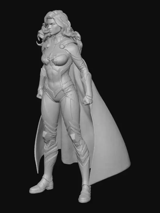 3D model for “Create a realistic 3D model of a heroic woman standing in a powerful pose above a city at dawn. She has long wavy red hair and a focused expression. Outfit: a fitted armored bodysuit in deep metallic red with black sections and gold trim, including a gold star emblem on the chest. Add detailed plating, panel lines, and PBR textures. She wears a dark green cape flowing behind her, fastened at the shoulders. Boots are black armor with gold accents. Use warm sunrise lighting with soft rim-light to highlight the suit. Full-body, cinematic realism.”