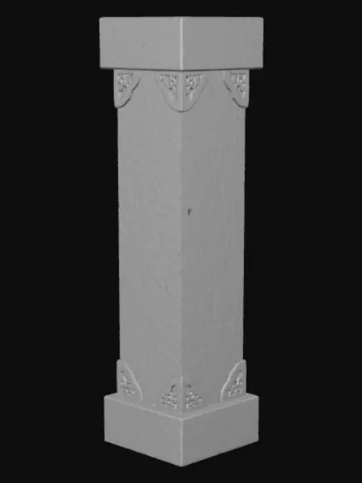 3D model for 3D low-poly game asset, Japanese temple wooden pillar, square red lacquered wood column with smooth glossy finish, black lacquered base and capital sections, traditional Japanese architectural details, decorative gold metal fittings at all four corners with ornate patterns, subtle wood grain texture visible through red lacquer, clean elegant design, cozy zen aesthetic like Tunic and Dragon Quest Builders, clean PBR textures with normal maps showing lacquer gloss and metal ornament details, game-ready topology optimized for real-time rendering, standing vertically, exact dimensions 1 meter width by 3 meters height by 1 meter depth, centered pivot point at base center, Japanese temple architecture theme, traditional construction