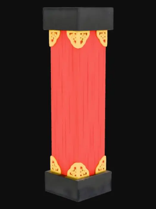 3D model for 3D low-poly game asset, Japanese temple wooden pillar, square red lacquered wood column with smooth glossy finish, black lacquered base and capital sections, traditional Japanese architectural details, decorative gold metal fittings at all four corners with ornate patterns, subtle wood grain texture visible through red lacquer, clean elegant design, cozy zen aesthetic like Tunic and Dragon Quest Builders, clean PBR textures with normal maps showing lacquer gloss and metal ornament details, game-ready topology optimized for real-time rendering, standing vertically, exact dimensions 1 meter width by 3 meters height by 1 meter depth, centered pivot point at base center, Japanese temple architecture theme, traditional construction
