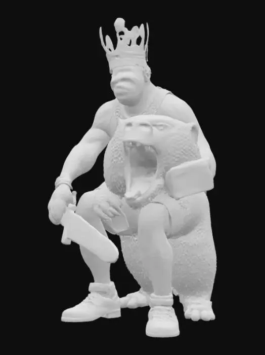 3D model for lebron with a crown attacking a bear while holding a saw and a brick