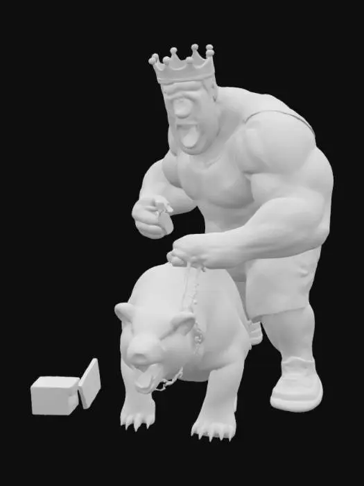 3D model for lebron with a crown attacking a bear while holding a saw and a brick