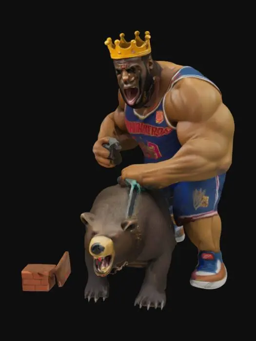 3D model for lebron with a crown attacking a bear while holding a saw and a brick