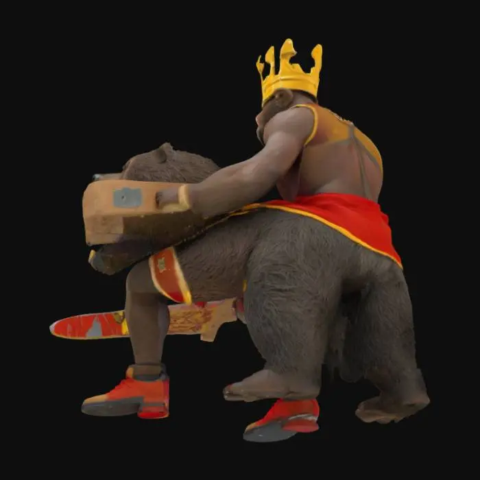 3D model for lebron with a crown attacking a bear while holding a saw and a brick