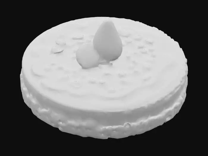 3D model for A round, smooth cheesecake features a dense, creamy texture resting on a golden-brown, crumbly cookie base. Its top is generously drizzled with glossy, vibrant red strawberry jam, which appears slightly viscous and contains small pieces of fruit in places. The dessert displays a delicate creamy hue with contrasting, rich red accents from the jam, creating an inviting visual appeal.