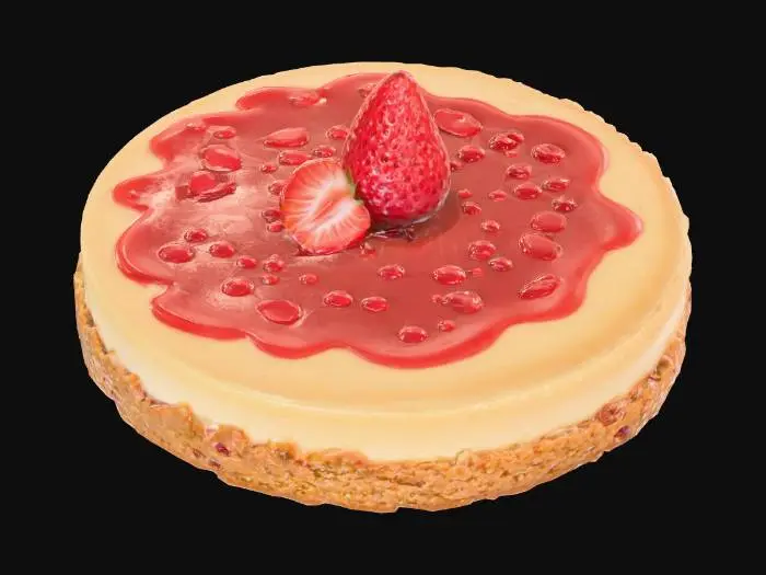 3D model for A round, smooth cheesecake features a dense, creamy texture resting on a golden-brown, crumbly cookie base. Its top is generously drizzled with glossy, vibrant red strawberry jam, which appears slightly viscous and contains small pieces of fruit in places. The dessert displays a delicate creamy hue with contrasting, rich red accents from the jam, creating an inviting visual appeal.