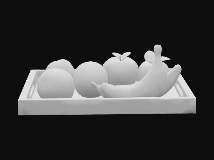 3D model for A rectangular wooden tray, polished to a subtle sheen, featuring shallow raised edges and a smooth, warm-to-the-touch surface. Its natural grain texture is visible beneath a clear finish. Neatly arranged on the tray are fruits: glossy red apples with slight indentations, bright yellow bananas showing brown spots, and vibrant orange oranges with porous skins, forming a colorful and natural still life.