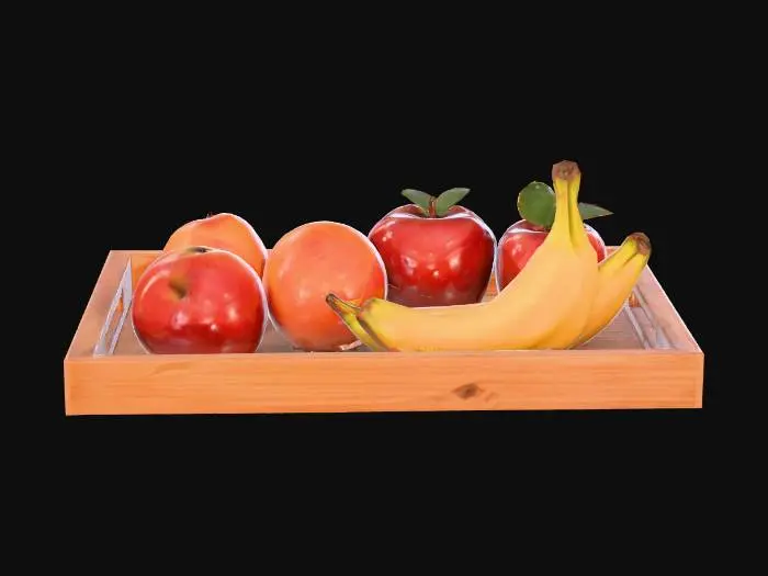 3D model for A rectangular wooden tray, polished to a subtle sheen, featuring shallow raised edges and a smooth, warm-to-the-touch surface. Its natural grain texture is visible beneath a clear finish. Neatly arranged on the tray are fruits: glossy red apples with slight indentations, bright yellow bananas showing brown spots, and vibrant orange oranges with porous skins, forming a colorful and natural still life.