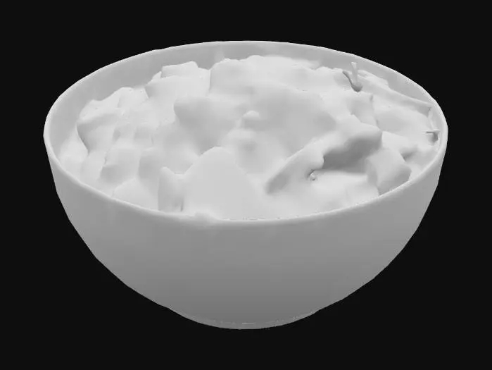 3D model for A simple cream-colored ceramic cup, with a smooth, matte surface and a slight curve to its rim. Inside the cup is an appetizing portion of tagliatelle pasta, generously covered with a thick Bolognese meat sauce. The sauce has a rich, dark red color, with visible pieces of ground meat and finely diced vegetables, and its texture appears slightly lumpy and moist.