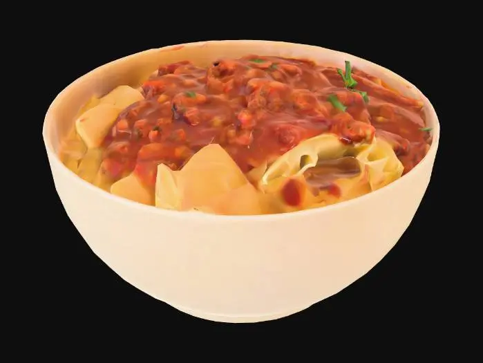 3D model for A simple cream-colored ceramic cup, with a smooth, matte surface and a slight curve to its rim. Inside the cup is an appetizing portion of tagliatelle pasta, generously covered with a thick Bolognese meat sauce. The sauce has a rich, dark red color, with visible pieces of ground meat and finely diced vegetables, and its texture appears slightly lumpy and moist.